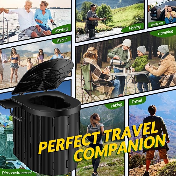 Portable Toilet, Upgraded 15'' Camping Toilet for Adults with Lid, Folding Toilet with Removable Paper Holder, Travel Portable Potty for Camping, Hiking, Roadtrip, Tent, Truck Drivers