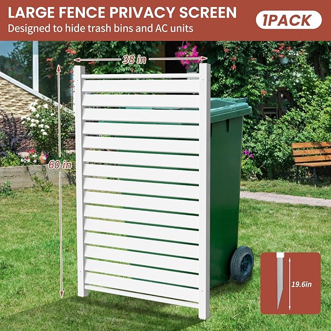 LILYPELLE 38in W x 60in H Air Conditioner Fence, 1 Panel PVC Outdoor Privacy Screen with Metal Stakes, Outside Trash Can Pool Equipment Enclosure Panels Decorative Fences