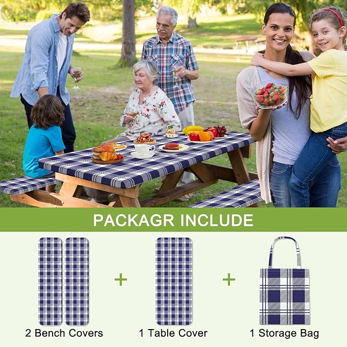 Picnic Table Cover with Bench Covers Camping Tablecloth with Storage Bag Windproof Waterproof Picnic Table Covers with Elastic for Camping