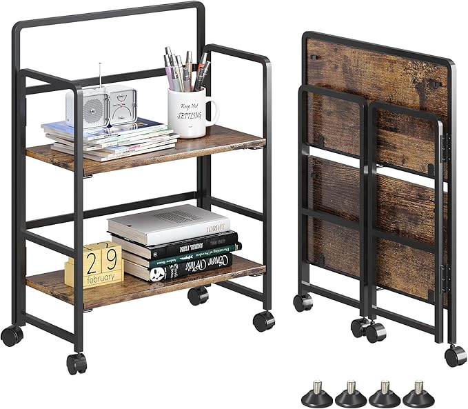 4NM 2 Tiers No-Assembly Folding Bookshelf with Wheels, Portable Rolling Storage Foldable Bookcase & Compact Side Table for Living Room, Bedroom, Kitchen, Bathroom (Rustic Brown and Black)