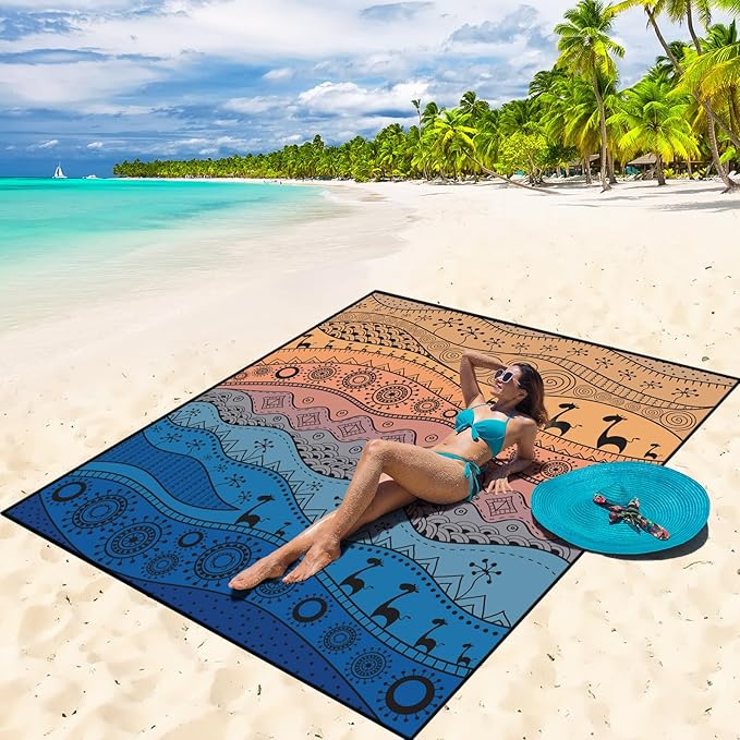 Beach Blanket Waterproof Sandproof Beach Mat 79" X 83"/10'x9'for 2-8 Adults Quick Drying Outdoor Picnic Mat Beach Accessories for Travel, Camping, Hiking