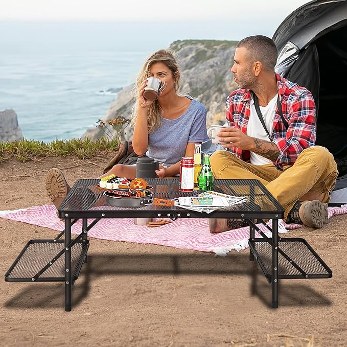 RedSwing Folding Grill Table with Extension Space, Adjustable Height Portable Large Stand Camp Table for Outdoor Indoor Camping Picnic BBQ, Black with Side Panels