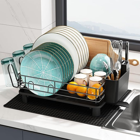 Black Stainless Steel Dish Drainers Drying Rack for Kitchen Counter with Drainboard Set, Rust Proof Metal, Space Saving, Modern Aesthetic, Compact Plates Strainers with Extra Mat