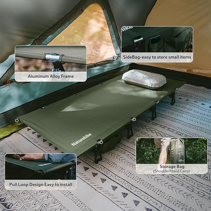 Naturehike Extra Wide GreenWild Camping Cot, Folding Lightweight Camp Cot Bed, Portable Sleeping Bed for Backpacking Travel Beach Home