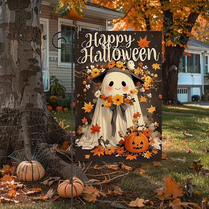 Happy Halloween Garden Flag 12X18 Inch Double Side,Cute Pumpkin Ghost Yard Flag, Jack O Lantern Small Garden Flag,Yard Outdoor Flag for Holiday Outside Patio Lawn Decoration