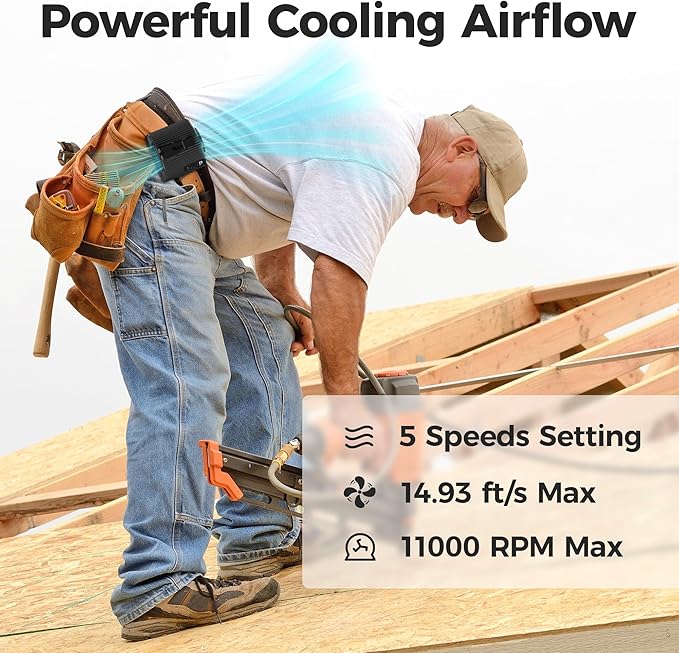 KITWLEMEN Portable Waist Fan - Personal Clip on Belt Fan, 5 Speeds 20H Cooling, Rechargeable Battery Operated, Wearable with Lanyard for Camping, Travel, Jobsite (Black)