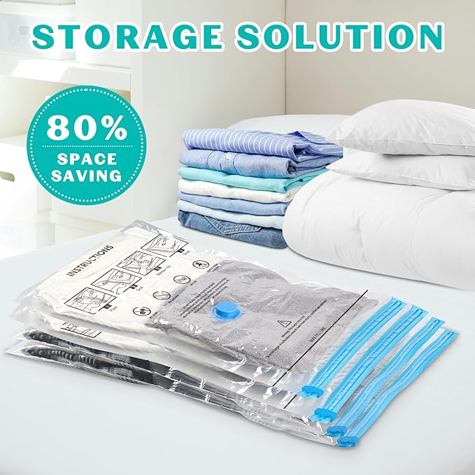 10 Pack Medium Vacuum Storage Bags Seal Bags for Bedding Clothing Compression Bags for Travel Blankets and Comforters Hand Pump Included