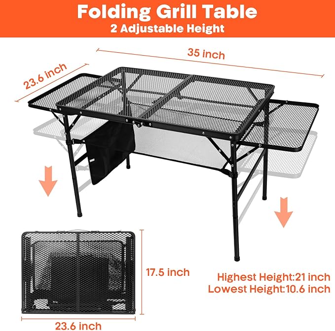 Portable Grill Table with 2 Wing Panels, Height Adjustable Folding Table with Mesh Bag, 140lbs 3Ft Folding Outdoor Table for Camping, BBQ, RV, Picnic & Beach Outdoor Adventures, 35"L x 23"W