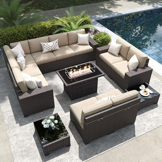 LayinSun 13 Pieces Outdoor Patio Furniture Set with 44" Fire Pit Table Brown Rattan Sectional Sofa Conversation Sets