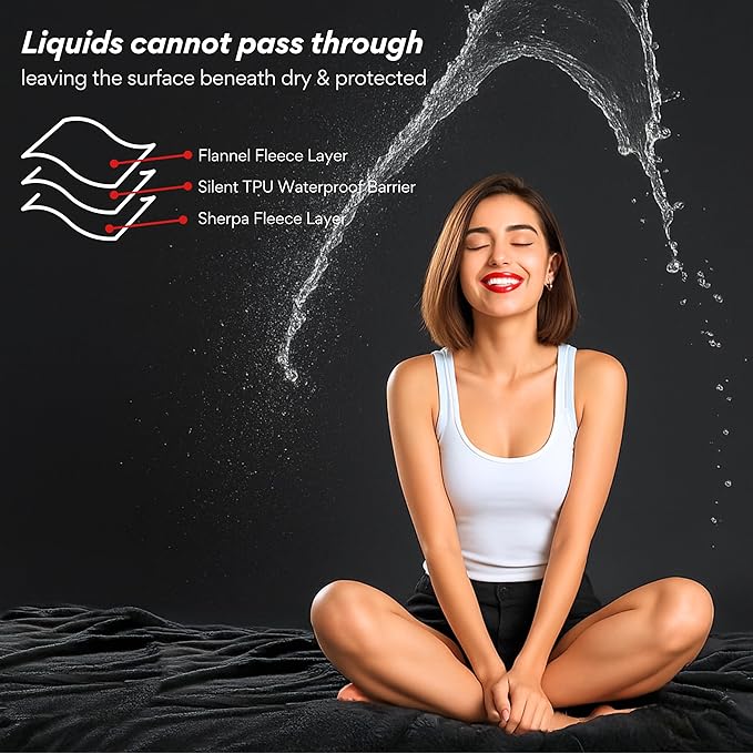 Waterproof Blanket King Size (Black & Gray, 82x82") Absorbent, Leakproof Fleece Protector for Bed, Couch - Water Proof and Stain Resistant, Plush Throw Blankets, Moisture Repellant Top Cover, Throws