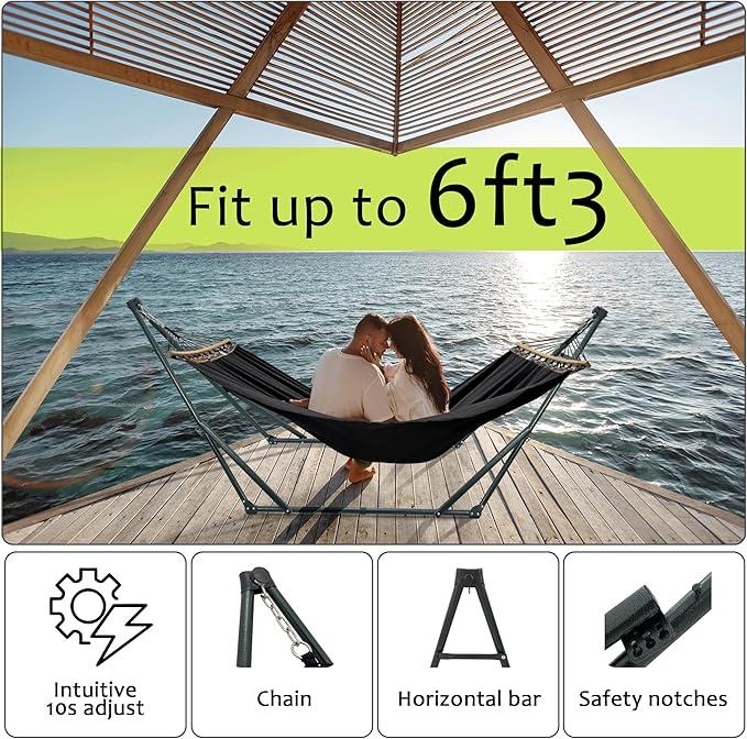Tranquillo Universal Hammock with Stands Electro Static Coated Steel, Adjustable Foldable Hammock Stand with 2 Layered Polyester Net and Carry Bag for 2 Persons (Canvas - Black)