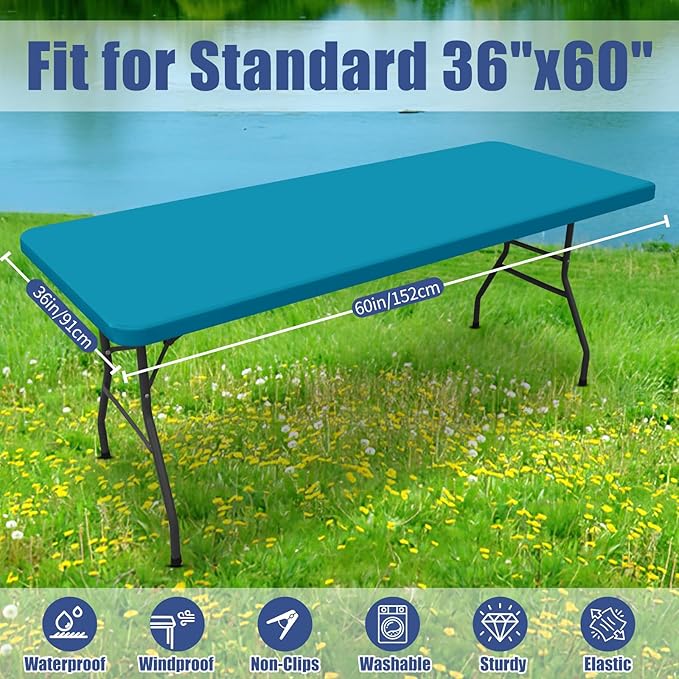 Spandex 5 Foot Rectangle Table Cloth 2 Pack, Elastic Fitted Tablecloths for Picnic, Stretch Washable Patio Table Cover for Outdoor, Camping, Banquet and Parties (Teal, 36"x60")