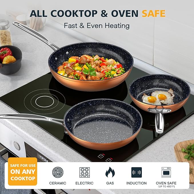 Nuwave 3-Piece 8”, 10”, 12” Forged Lightweight Frying Pan Set, G10 Healthy Duralon Blue Ceramic Ultra Non-Stick, Ergonomic Stay-Cool Handles, Induction-Ready & Works on All Cooktops