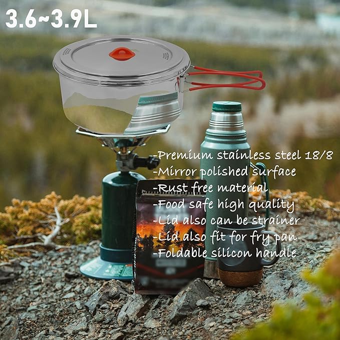 8.7"x8.7"x5" Large Capacity Compact 11 Pcs 4 to 8 People Stainless Steel Camping Cooking Cookware Sets with Utensils and Kettle, Outdoor Mess Cooking Kit with Carrying Bag