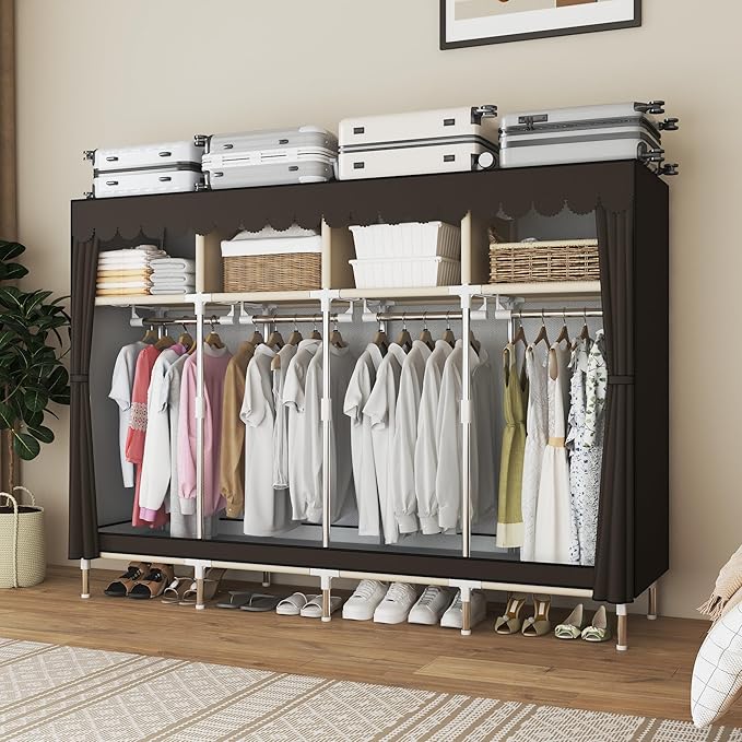 Portable Wardrobe Closet Durable and Easy to Assemble Heavy Duty Clothes Rack with Non-Woven Cover Fabric Best for Bedroom and Easy Storage and Organization (Brown-B)