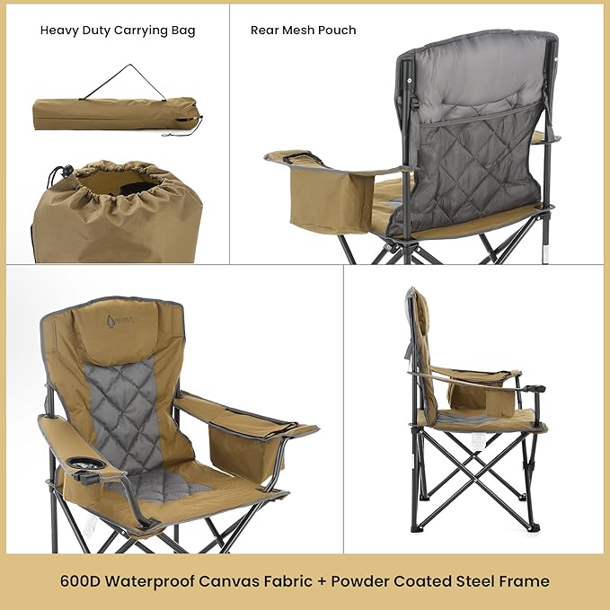 ARROWHEAD OUTDOOR 2-Pack Portable Folding Camping Quad Chair w/ 6-Can Cooler, Cup & Wine Glass Holders, Heavy-Duty Carrying Bag, Padded Armrests, Headrest & Seat, Supports up to 550lbs