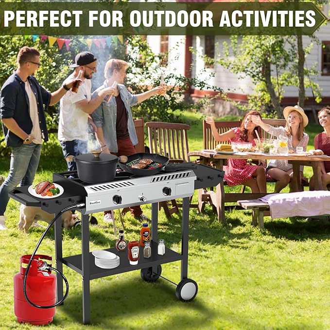 BESTFIRE 2 Burner Propane Gas Stove Outdoor Cooking Station – 150,000 BTU Double Cast Iron Burner with Auto Ignition, Regulator, Side Shelves & Wheels – Portable No-Windshield Design for Camping