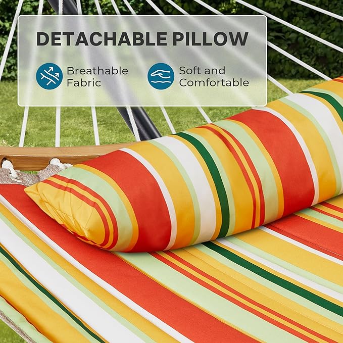 SUPERJARE Hammock with Stand, 2 Person Heavy Duty Hammock with Padded Cotton, Detachable Pillow & Strong Curved-Bar & Portable Carrying Bag, Perfect for Outdoor & Indoor, Orange with Stripes