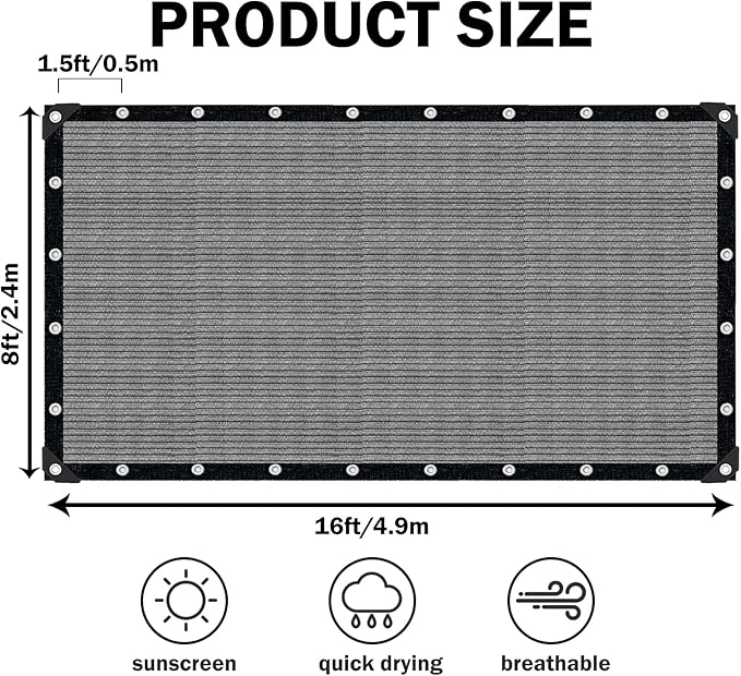 Sun Shade Cloth with Grommets,90% UV Protection Shade Fabric,Pergola Shade Cover Canopy Fence Privacy Screen Balcony,Sunshades for Patio Pergola Garden Backyard Porch Outdoor,Grey-8x16FT
