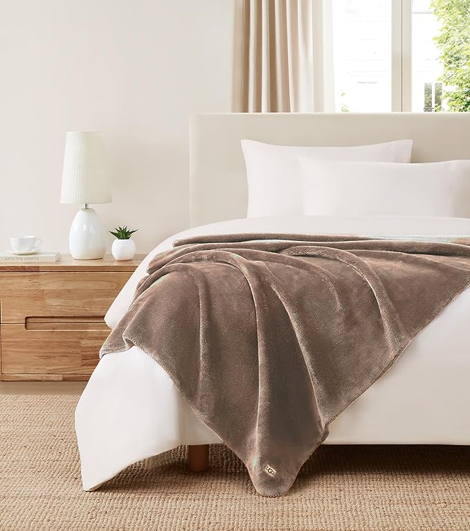 UGG Whitecap Plush Throw Blanket Fleece Lightweight Soft Throw for Couch or Bed Luxury Home Decor for Living Room Washable Hypoallergenic Blankets for Dorm Decor, 50-inch x 70-inch, Light Fawn Brown