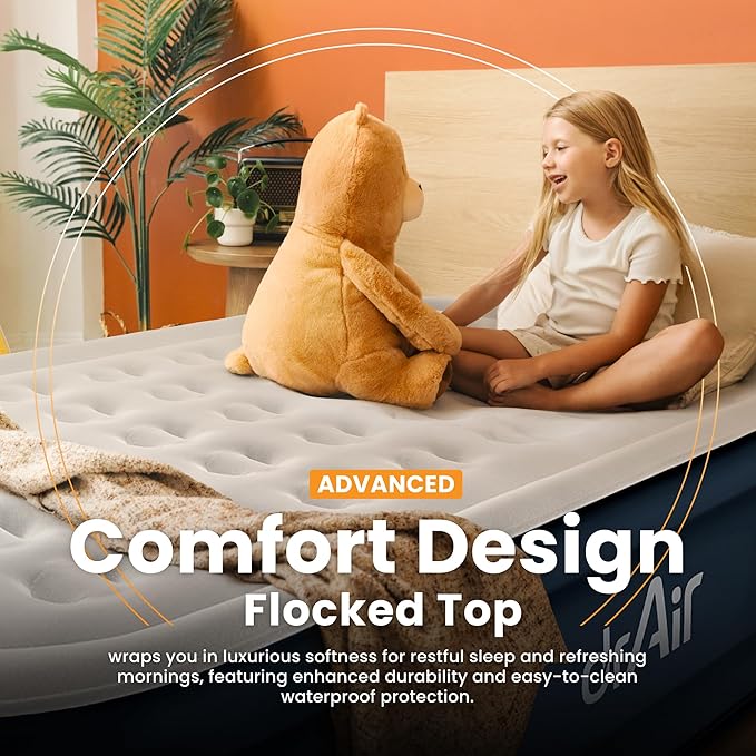 King Air Mattress, 18” Raised Inflatable Bed with Built-in Pump, Waterproof Velvety Top, Ergonomic Design, Reinforced Support, and Carry Bag for Home, Camping, and Guests