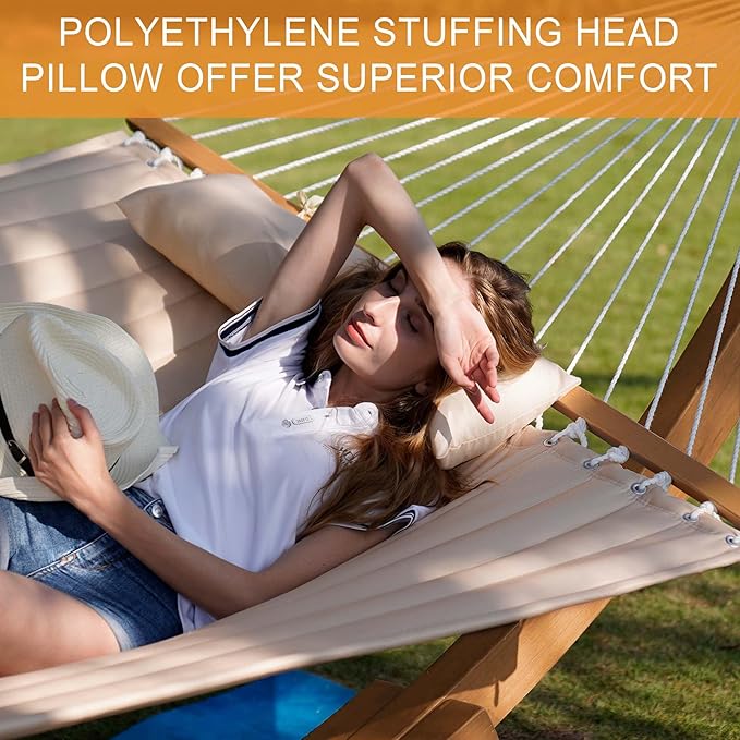 Lazy Daze Hammocks 12 FT Double Quilted Fabric Hammock and 13 FT Brown Wooden Arc Stand, with Spreader Bar, Removable Pillow, 2 Person Hammock for Outdoor Patio Poolside, 450 lb Capacity, Brown