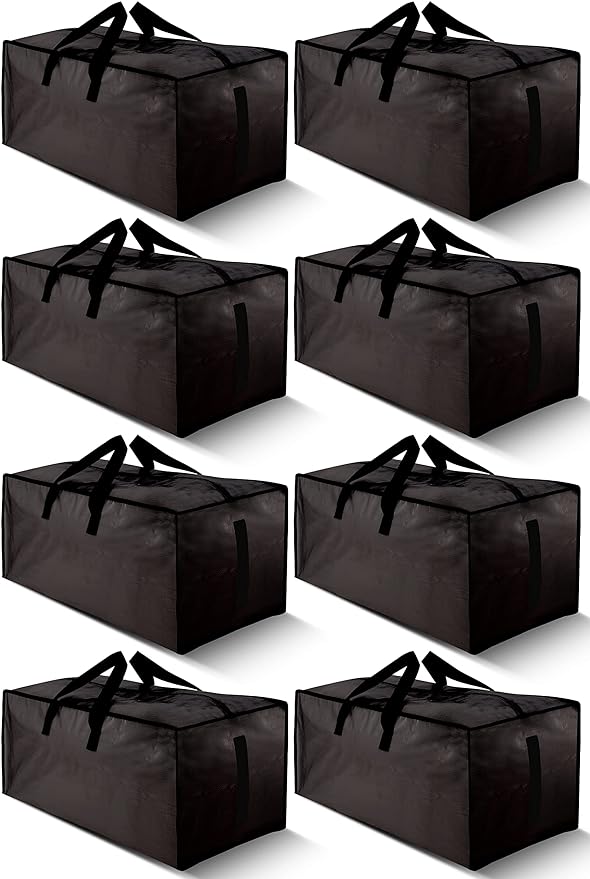 8 Pack Large Strong Bags with Zippers & Carrying Handles - Water-Resistant - Heavy Duty Storage Tote for Space Saving, Fold Flat, Alternative to Moving Box (Black)