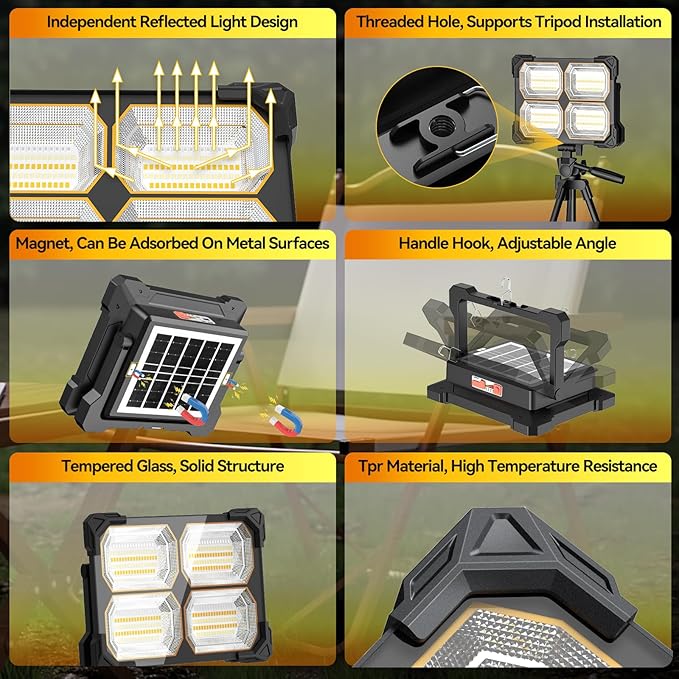 200W Led Work Light Rechargeable,20000MAh Solar Portable Light, 20000LM Magnetic Work Lights, 326 Led Battery Work Lights with Stand 5 Lights Modes IP66 Waterproof for Outdoor Camping Car Repairing