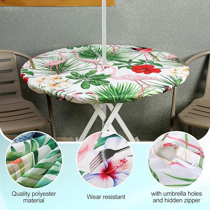 2 Pcs Round Outdoor Tablecloth with Umbrella Hole - Anti-Wrinkle Polyester Tablecloth with Elastic Zipper Table Cover for Summer Patio Camping Party(45''-53'',Hawaii Flamingos)