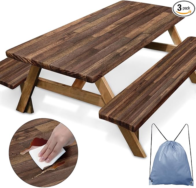 Picnic Table Cover with Bench Covers Elastic Edges, Brown Wood Fitted Table Cover, Outdoor Patio Camping Essentials 72 Inch 3PCS, Waterproof Camping Fitted Tablecloth with Drawstring Bag