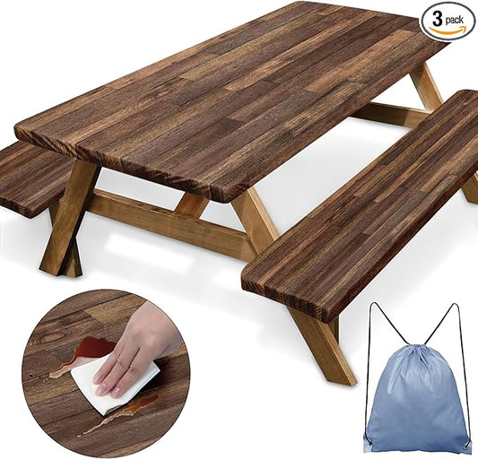 Picnic Table Cover with Bench Covers Elastic Edges, Brown Wood Fitted Table Cover, Outdoor Patio Camping Essentials 72 Inch 3PCS, Waterproof Camping Fitted Tablecloth with Drawstring Bag