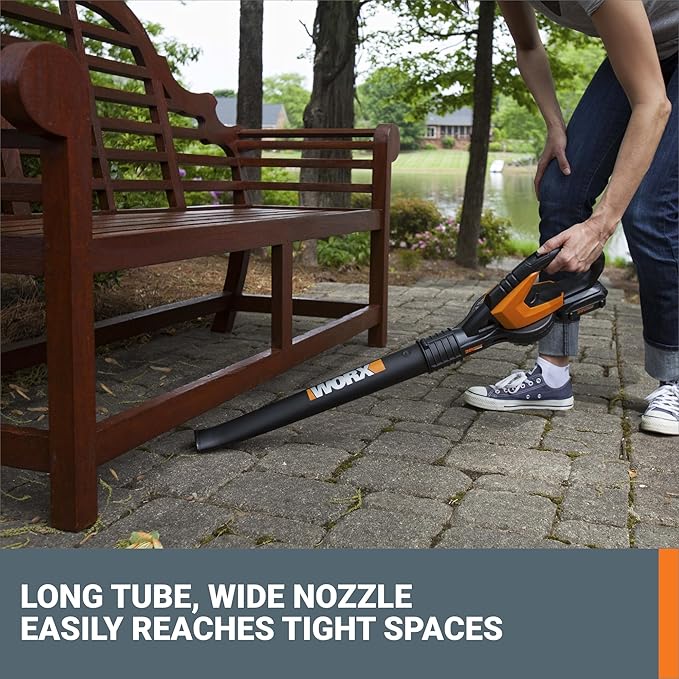 WORX WG545.1 20V Cordless Leaf Blower, Electric Blowers for Lawn Care with 120 MPH & 3.5 Lbs, Long Nozzle Design for Narrow Spaces with Cleaning Attachments, Battery & Charger Included