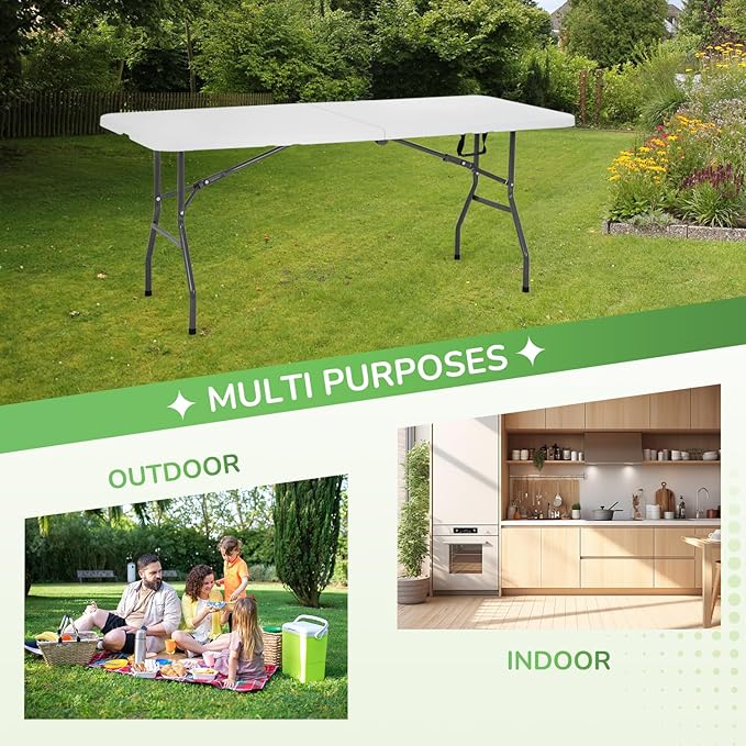 PayLessHere Folding Tables Plastic 6ft Half Portable Foldable Table for for Parties Wedding BBQ Camping, White 6 FT