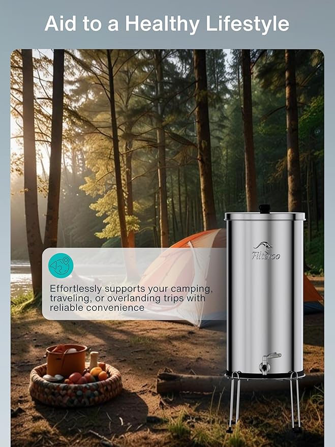 Filteroo® Superoo Countertop Gravity Water Filter System - 3.17 Gal/12L | 304 Stainless Steel | 2 Carbon Filters | NSF/ANSI Tested Gravity-Fed Water Purifier | Remove Bacterias & Heavy Metals