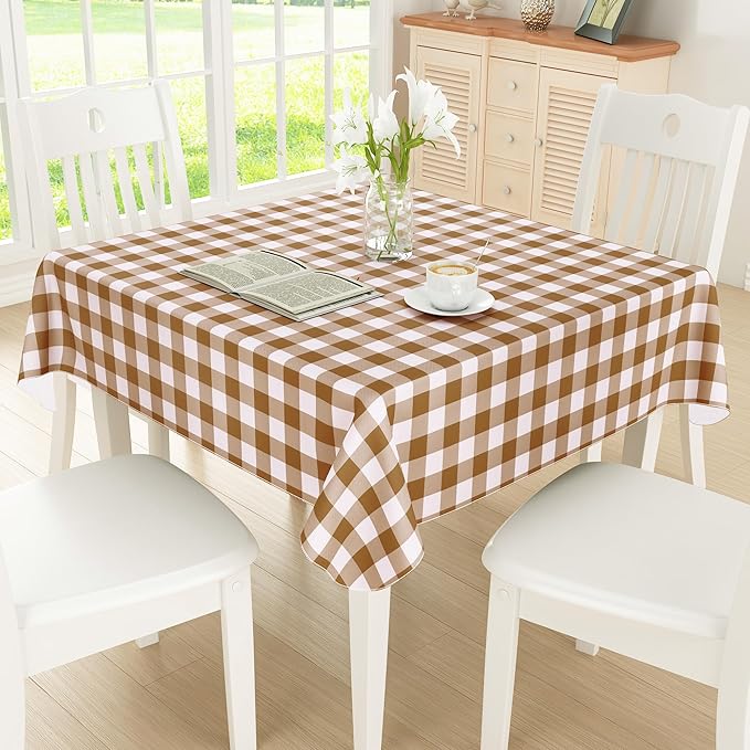 misaya Square Waterproof Vinyl Table Cloth, Buffalo Flannel Backed Tablecloth, Wipeable Plastic Table Cover for Dinner, Kitchen, Outdoor (60" x 60", Brown and White)
