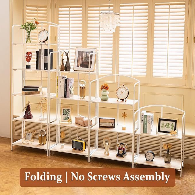 Crofy No Assembly Folding Bookshelf for Living Room, 2 Tier White Collapsible Book Shelf for Home Office, Portable Bookcase Storage Organizer