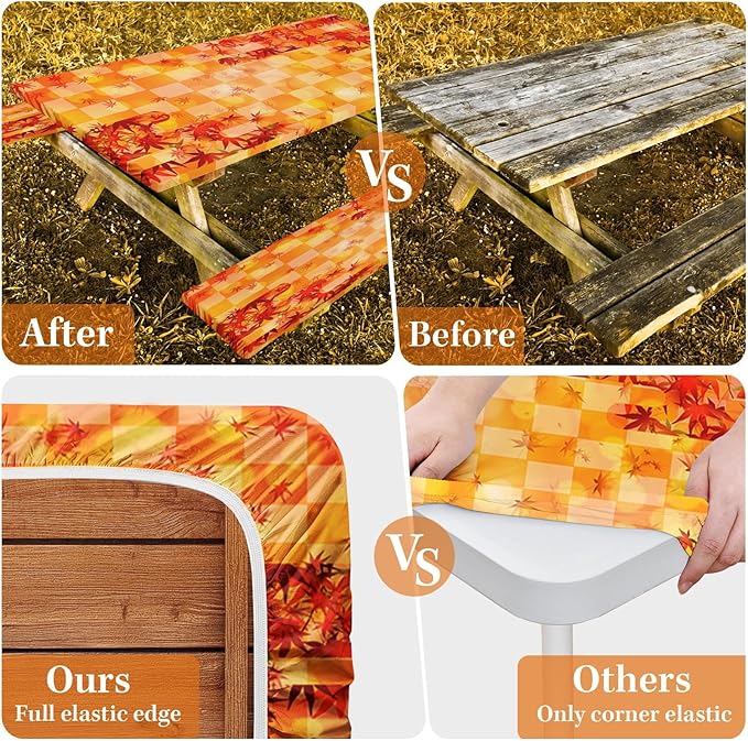 Picnic Table Cover with Bench Covers Elastic Edges, Fall Fitted Table Cover, Outdoor Patio Camping Essentials 72 Inch 3PCS, Waterproof Camping Fitted Tablecloth with Drawstring Bag