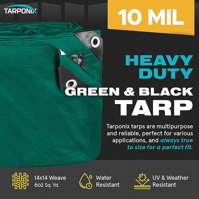 16' x 20' Dual-Sided Heavy-Duty Tarp – 10 Mil Tear-Resistant Green & Black Cover with Reinforced Edges and Anti-Rust Grommets