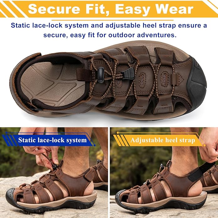 Men's Sport Sandals Closed Toe Leather Hiking Athletic Walking Outdoor Beach Trail River Fishing Water Shoes Lightweight Comfortable Waterproof