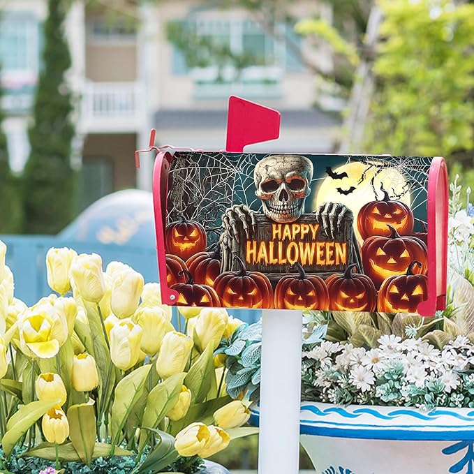 Happy Halloween Skeleton Mailbox Cover Magnetic Large Size 25.5x21 inch Spooky Pumpkin Full Moon Post Letter Box Wrap Happy Holiday Dust-Proof Postbox Covers Protection for Home Outdoor Garden Yard
