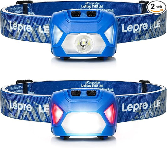 Lepro 320015 Battery Powered Headlamp - 1300Lux Super Bright LED Head Lamp with Red Light, IPX4 Waterproof Headlights for Outdoor Camping, Hiking, Hunting, Power Outages, Emergency, Hurricane - Blue