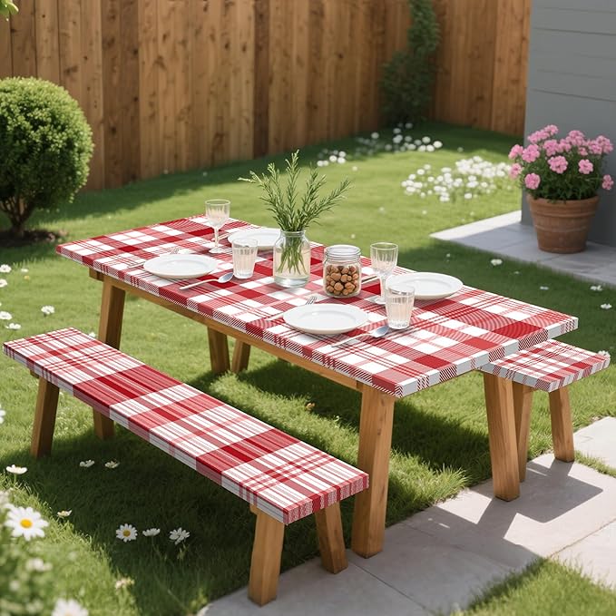 Red Picnic Table Cover with Bench Covers, 3 Pcs Waterproof Elastic Picnic Table Cover Outdoor Camping Essentials, Windproof Fitted Tablecloth for Camping, Indoor, Outdoor (Plaid, 60X30 Inch)