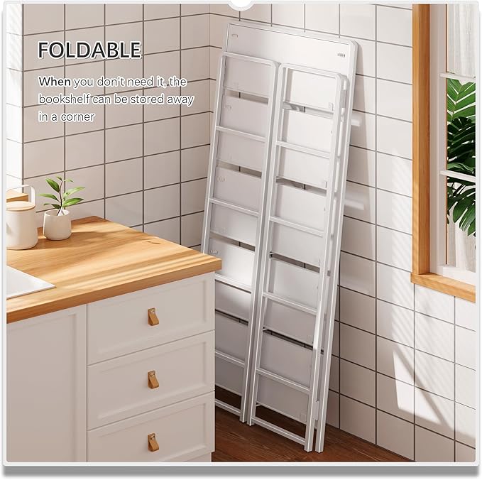 4NM No-Assembly 5 Tiers Folding Bookshelf Storage Shelves Vintage Bookcase Standing Racks Study Organizer Home Office (All White)