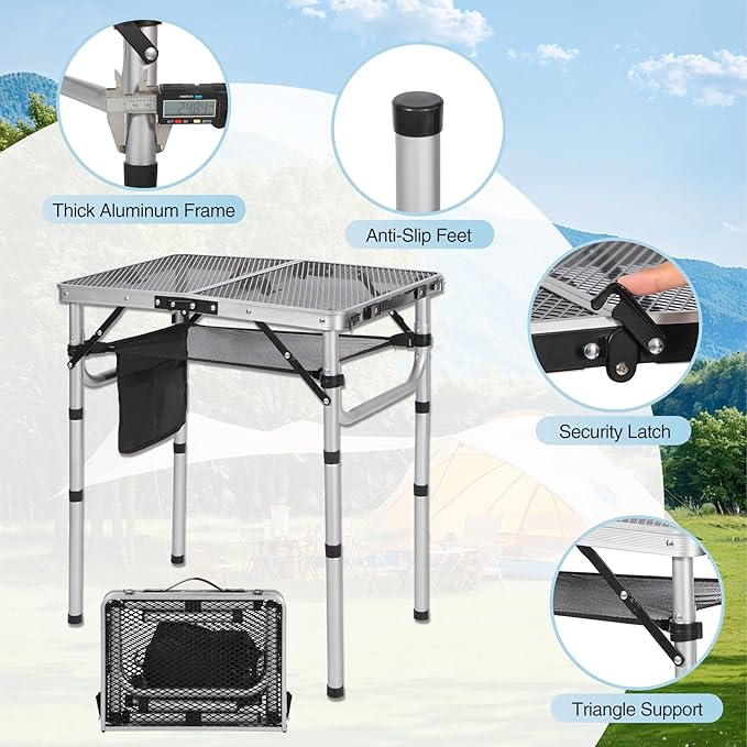 RedSwing Folding Grill Table, Lightweight Height Adjustable Aluminum Table with Mesh Desktop and Mesh Bag for Outdoor Camping Picnic BBQ, 2 Feet, Sliver