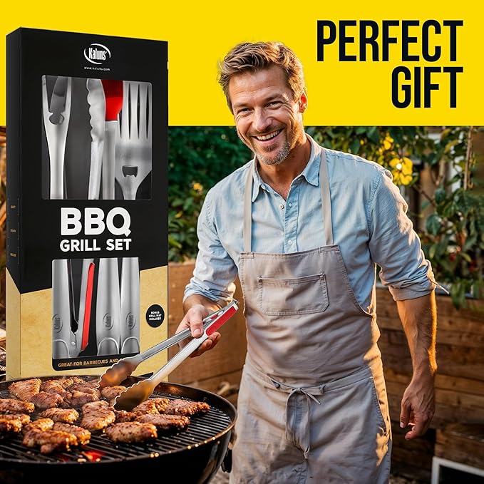 Kaluns BBQ Grilling Accessories, Grilling Gifts for Men Dad, Grill Tools for Outdoor Grill, Heavy Duty Stainless Steel Grill Set with Spatula, Tongs, Fork, Brush, & Grilling Mat, Best BBQ Gifts
