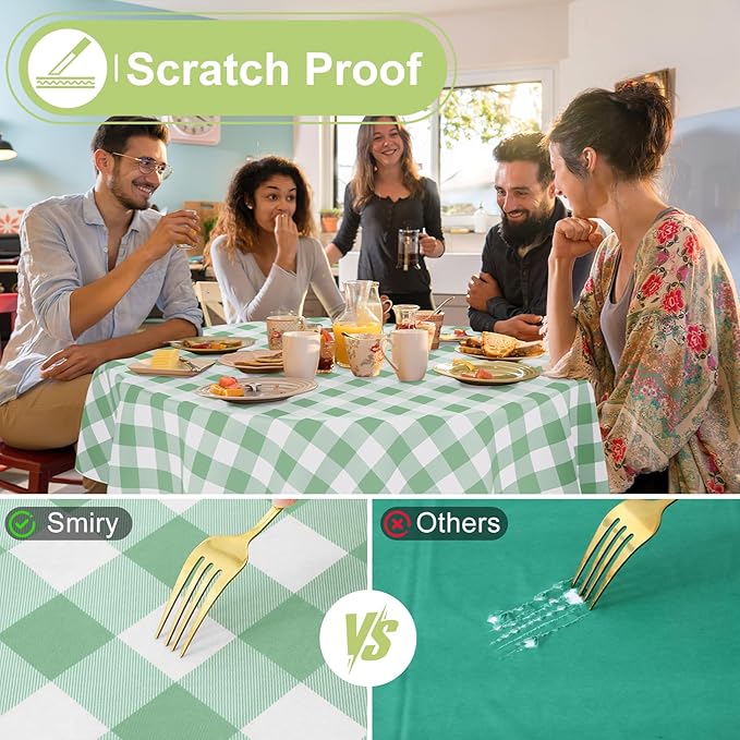 Smiry Round Plastic Table Cloth, Waterproof Vinyl Tablecloth with Flannel Backing, Wipeable Buffalo Plaid Table Cover for Dining, Indoor and Outdoor (Sage Green & White, 60" Round)