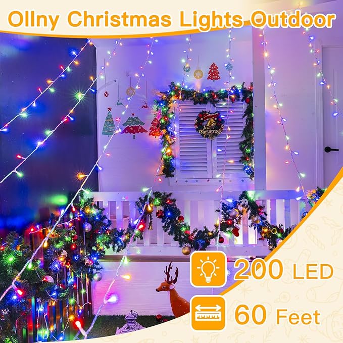Ollny Christmas Lights Outdoor 200LED 60FT, Multicolor Connectable Plug in Fairy Light Indoor, 8 Modes Waterproof Timer Plug in LED String Lights for House Outside Bedroom Patio Balcony