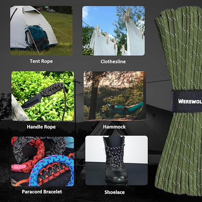 WEREWOLVES Reflective Paracord Rope 7 Strand Type III Parachute Cord 4mm 100ft / 200ft for Tent Camping Hiking Fishing Survival Tactical Clothesline DIY Projects