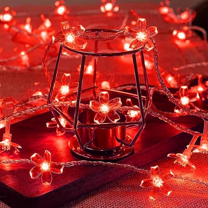 Battery Lighted & USB Plug in Fairy Flower String Lights, 9.8 ft 30 LED Cute Cherry Blossom Lights with Timer Indoor Bedroom Party Wedding Christmas Easter Tree Branch Hanging Decorations (Red)