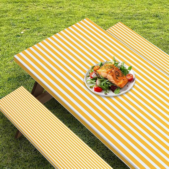CAPSCEOLL Fitted Picnic Table Cover with Bench Covers with Elastic 6Ft Waterproof Camping Picnic Table Cover Cloths for Outdoors Camping Tablecloth with Drawstring Bag, 72X30in, Orange White